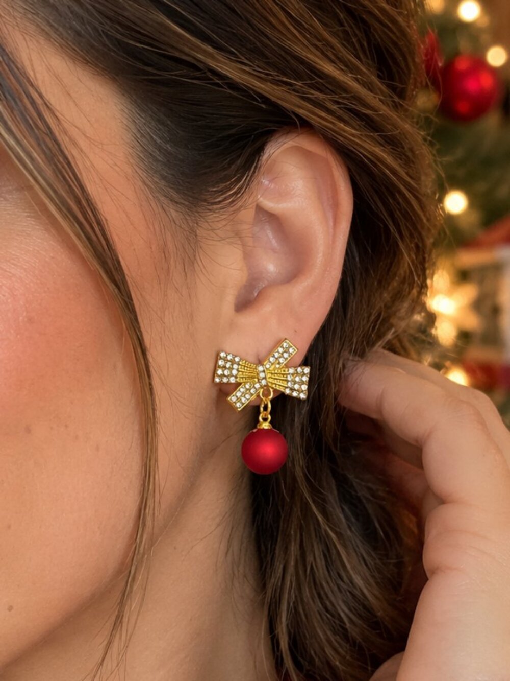 Christmas Bow Earrings Gold Rhinestone Red Ornament Ball Drop Holiday Studs 0.9"
